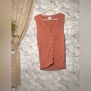 55% Linen 45% Cotton Brown Toned Pink Button Sleeveless Ribbed Vest XS